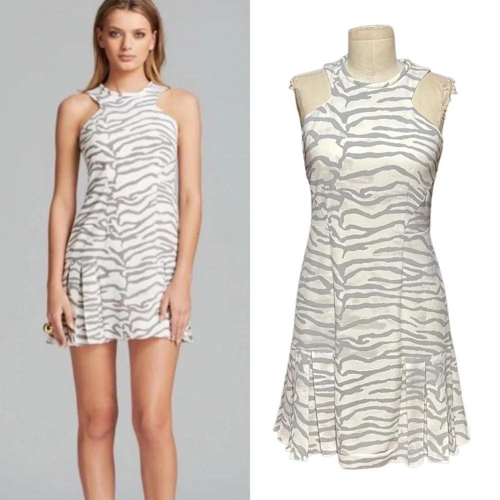 Rebecca Taylor Gray White Zebra Print Pleated Flounce Hem Mini Dress Size 2